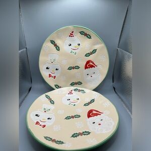Eli + Ana Retro Style Christmas SNOWMAN HOLLY KEAVES Salad/Dessert Plates 2 NEW